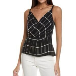 Cabi Plaid Crossover Cami Black White Peplum Top 2 Strappy Preppy Office Blouse